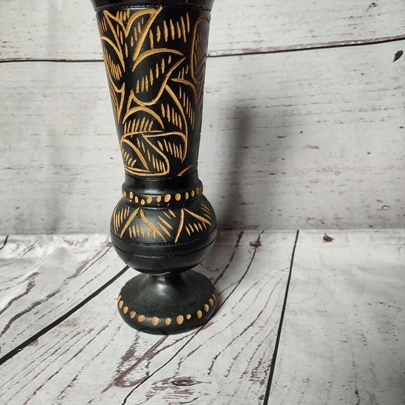 Handcarved Base Glazed Wooden Footed Featuring Beautiful Flower 8” - Picture 2 of 6